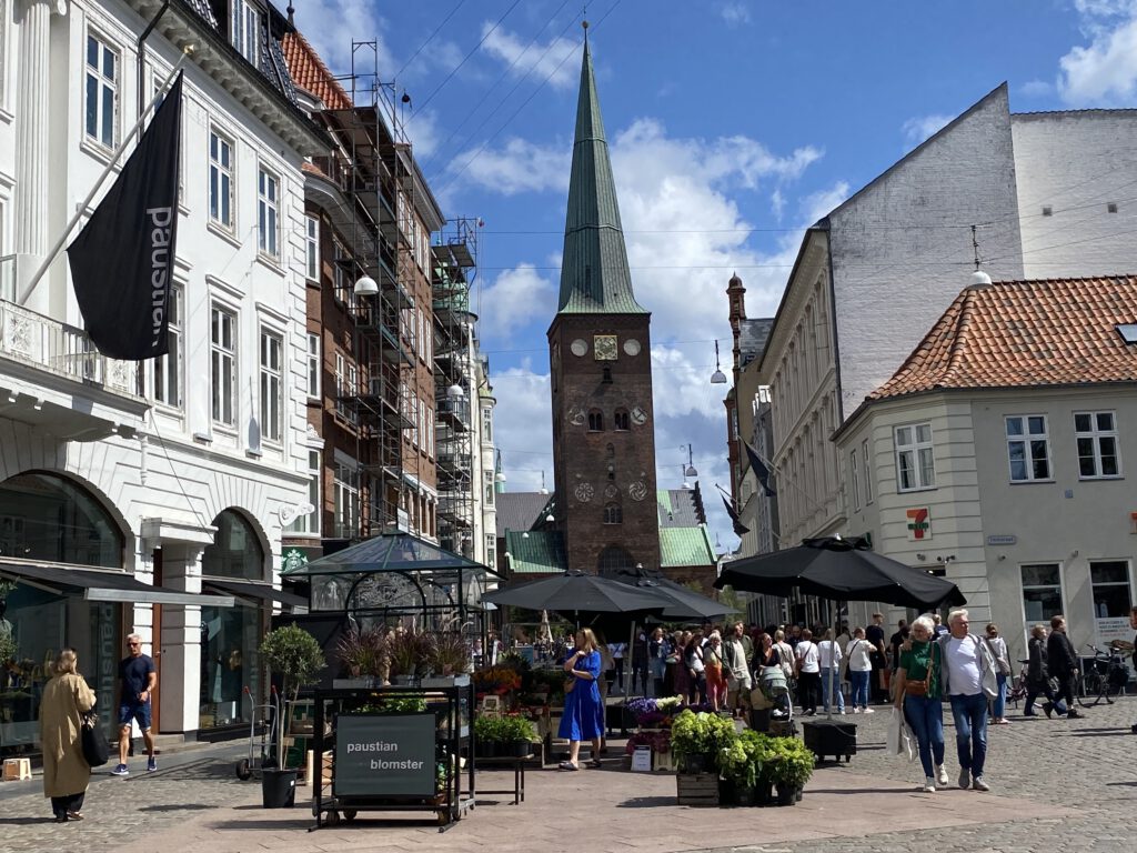 Lille Torv mit Blick auf Domkirche  Århus Dänemerk Nordjütland Nebel 