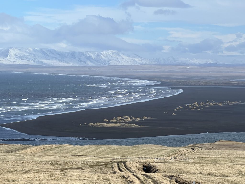schwarzer Strand mit Schneebergen