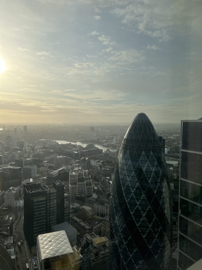 Aussicht aus dem Duck & Waffle Restaurant auf The Gherkin